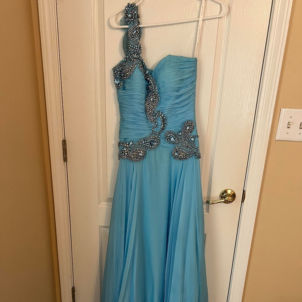 Sherri Hill Light Blue One Shoulder Dress